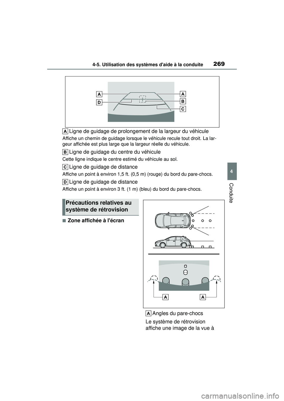 TOYOTA COROLLA HATCHBACK 2021  Manuel du propriétaire (in French) 2694-5. Utilisation des systèmes daide à la conduite
4
Conduite
COROLLA H/B_D
Ligne de guidage de prolongement de la largeur du véhicule
Affiche un chemin de guidage lorsque le véhicule recule to