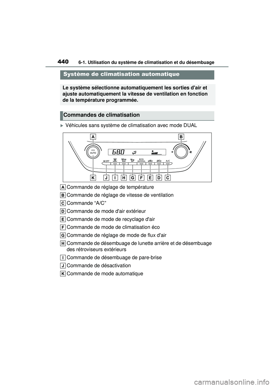 TOYOTA COROLLA HATCHBACK 2021  Manuel du propriétaire (in French) 4406-1. Utilisation du système de climatisation et du désembuage
COROLLA H/B_D
6-1.Utilisation du système de climatisation et du désembuage
Véhicules sans système de climatisation avec mode D