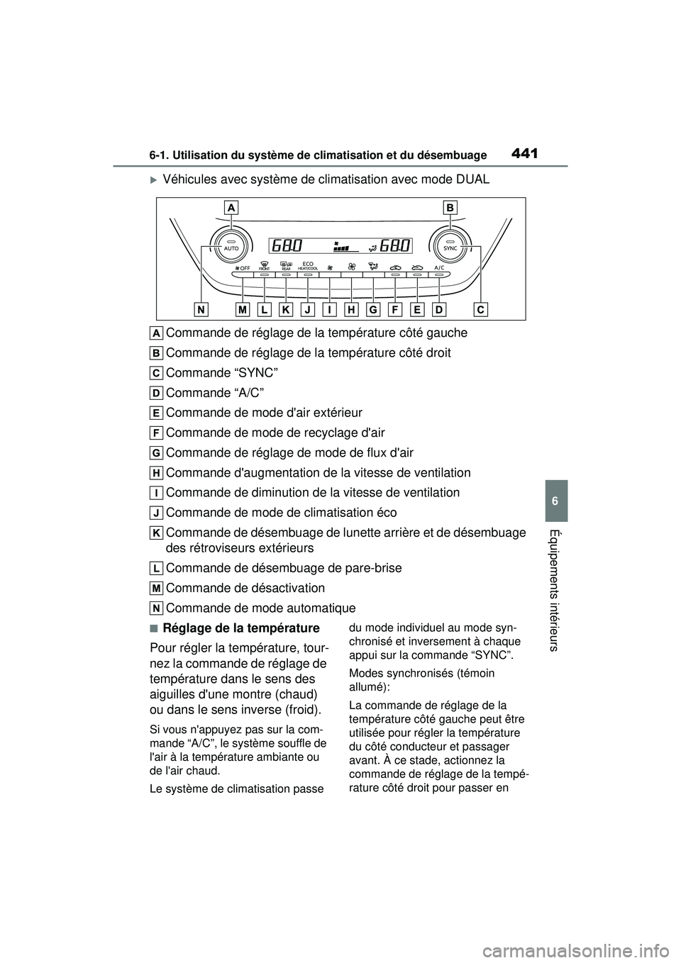 TOYOTA COROLLA HATCHBACK 2021  Manuel du propriétaire (in French) 4416-1. Utilisation du système de climatisation et du désembuage
6
Équipements intérieurs
COROLLA H/B_D
Véhicules avec système de climatisation avec mode DUALCommande de réglage de la tempé