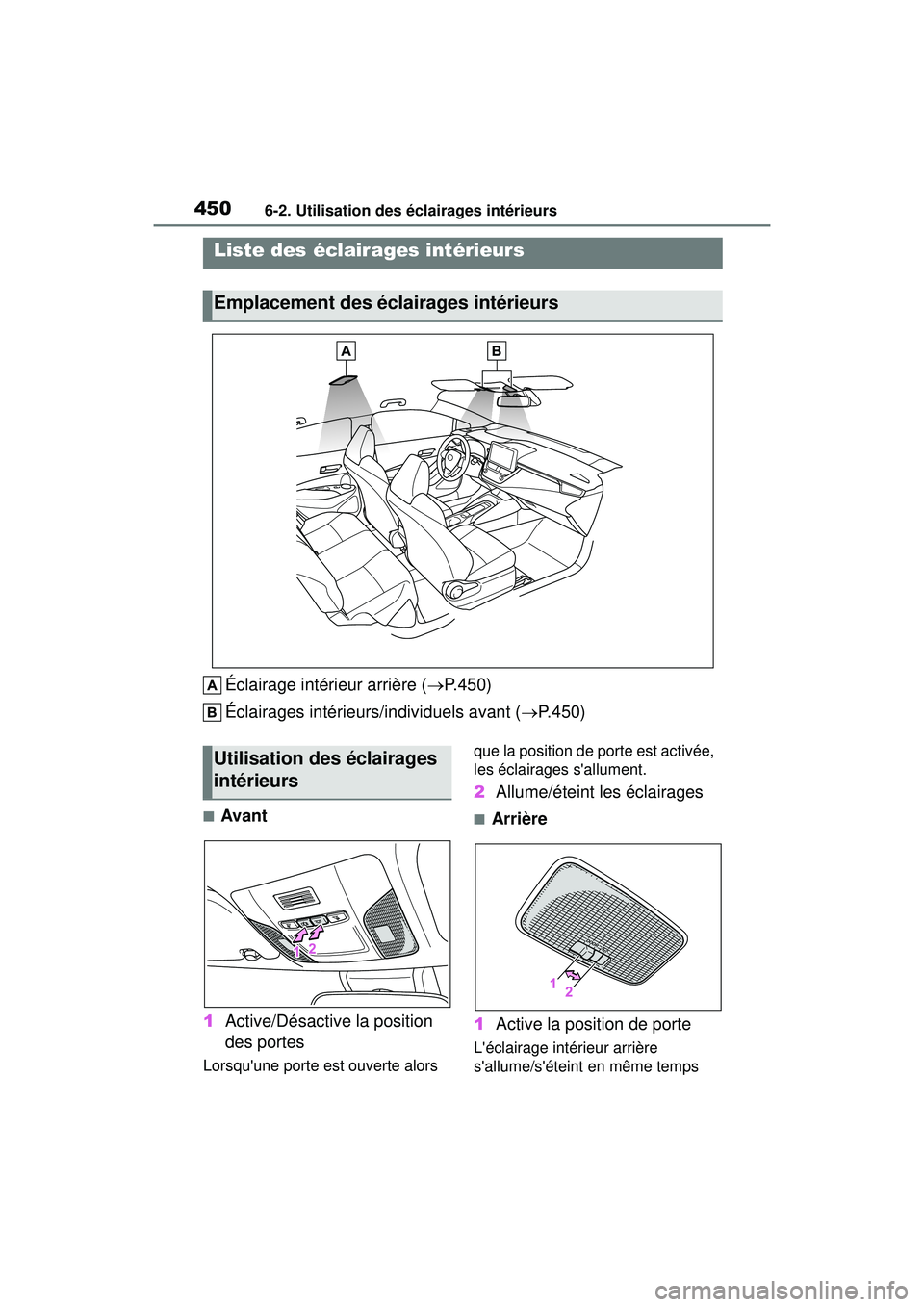 TOYOTA COROLLA HATCHBACK 2021  Manuel du propriétaire (in French) 4506-2. Utilisation des éclairages intérieurs
COROLLA H/B_D
6-2.Utilisation des éclairages intérieurs
Éclairage intérieur arrière (P.450)
Éclairages intérieurs/ individuels avant (P.450