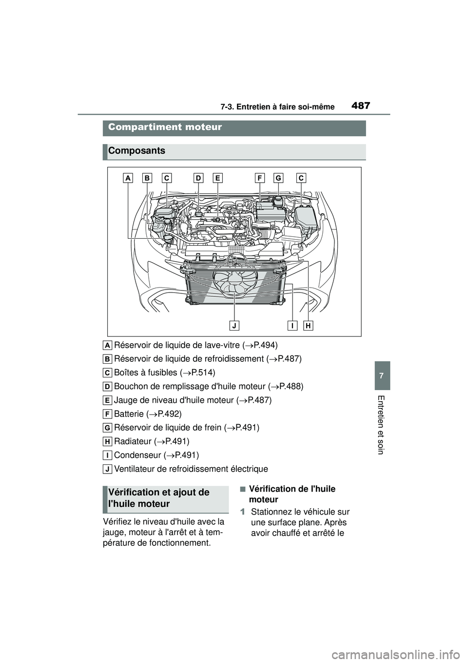 TOYOTA COROLLA HATCHBACK 2021  Manuel du propriétaire (in French) 4877-3. Entretien à faire soi-même
7
Entretien et soin
COROLLA H/B_D
Réservoir de liquide de lave-vitre (P.494)
Réservoir de liquide de refroidissement ( P.487)
Boîtes à fusibles ( P.51