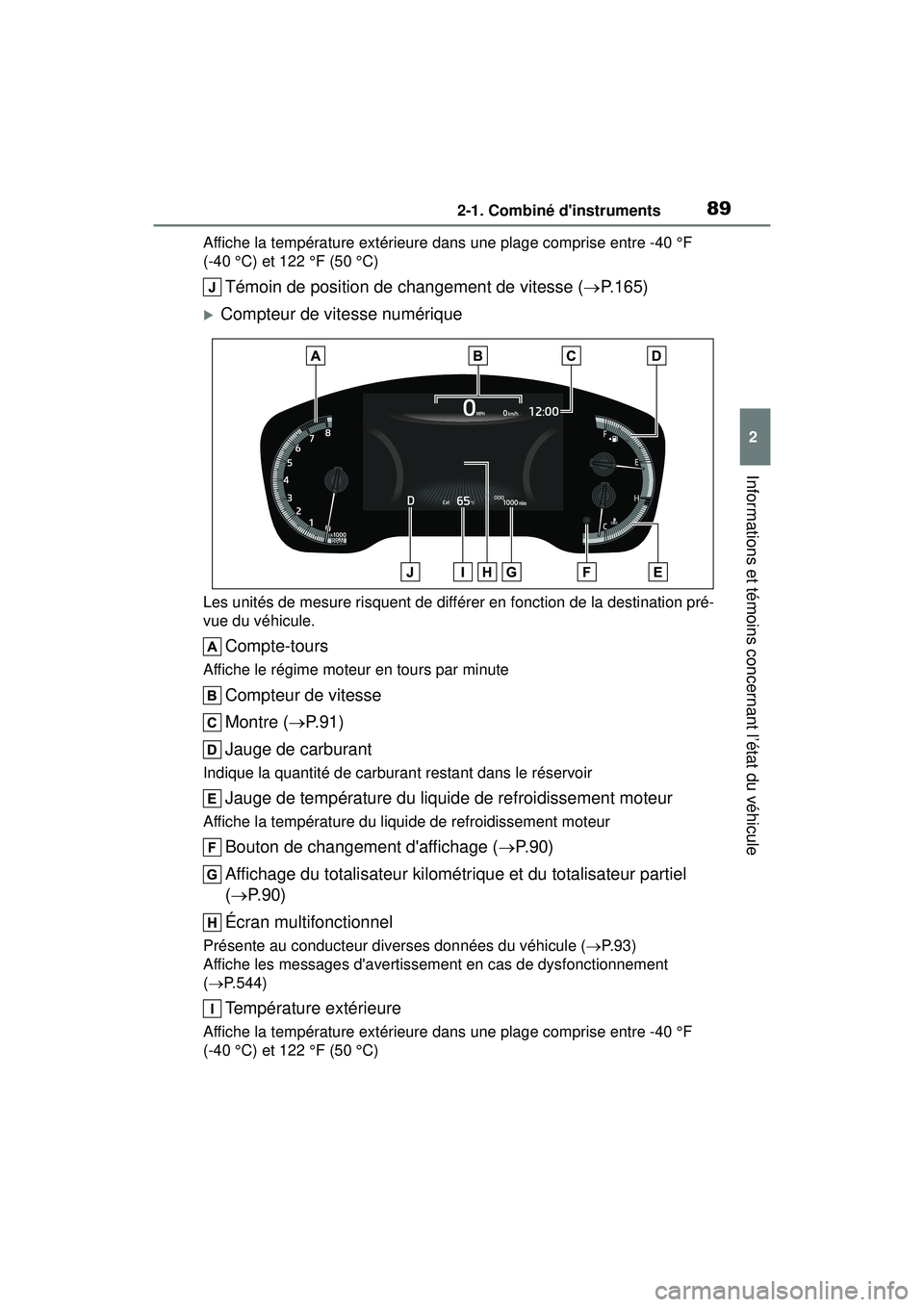 TOYOTA COROLLA HATCHBACK 2021  Manuel du propriétaire (in French) 892-1. Combiné dinstruments
2
Informations et témoins concernant l’état du véhicule
COROLLA H/B_DAffiche la température extérieure da
ns une plage comprise entre -40 °F 
(-40 °C) et 122 °F