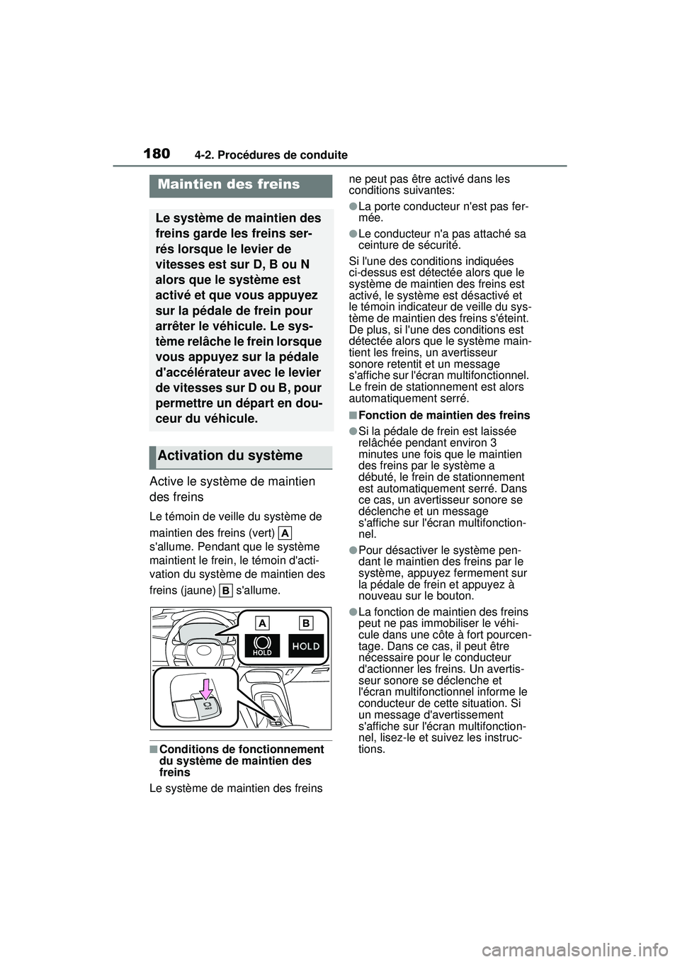 TOYOTA COROLLA HYBRID 2020 Manuel du propriétaire (in French) 1804-2. Procédures de conduite
COROLLA HV_D
Active le système de maintien
des freins
Le témoin de veille du système de
maintien des freins (vert)
sallume. Pendant que le système
maintient TOYOTA COROLLA HYBRID 2020 Manuel du propriétaire (in French) 1804-2. Procédures de conduite
COROLLA HV_D
Active le système de maintien
des freins
Le témoin de veille du système de
maintien des freins (vert)
sallume. Pendant que le système
maintient