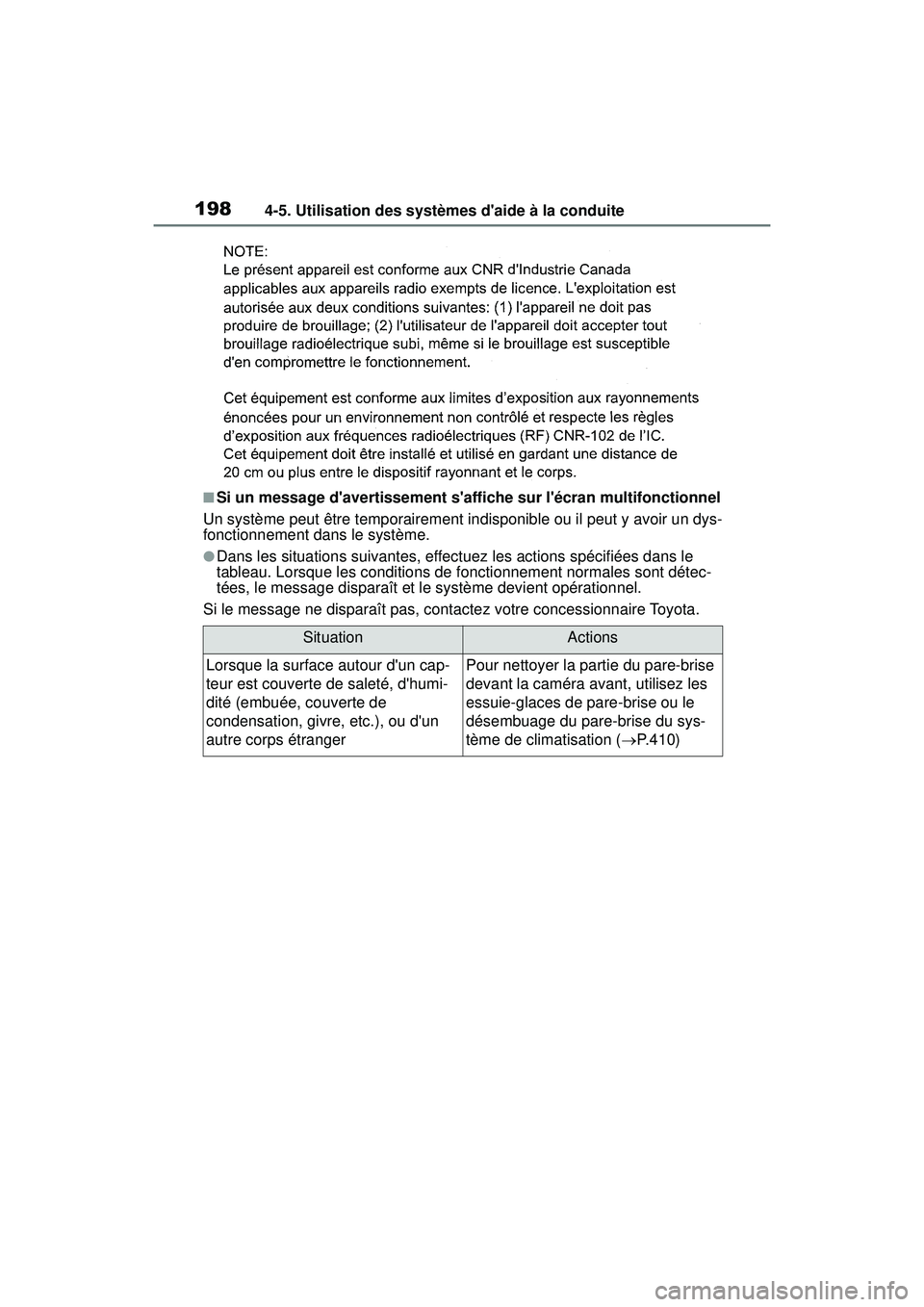 TOYOTA COROLLA HYBRID 2020  Manuel du propriétaire (in French) 1984-5. Utilisation des systèmes daide à la conduite
COROLLA HV_D
■Si un message davertissement saffiche sur lécran multifonctionnel
Un système peut être temporairement indisponible ou il p