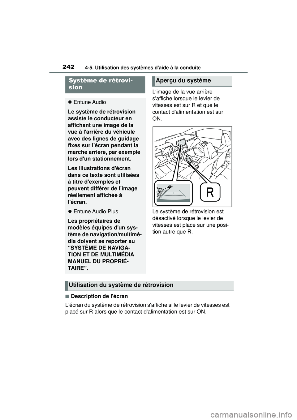 TOYOTA COROLLA HYBRID 2020 Manuel du propriétaire (in French) 2424-5. Utilisation des systèmes daide à la conduite
COROLLA HV_D
Limage de la vue arrière
saffiche lorsque le levier de
vitesses est sur R et que le
contact dalimentation est sur
ON.
Le sy TOYOTA COROLLA HYBRID 2020 Manuel du propriétaire (in French) 2424-5. Utilisation des systèmes daide à la conduite
COROLLA HV_D
Limage de la vue arrière
saffiche lorsque le levier de
vitesses est sur R et que le
contact dalimentation est sur
ON.
Le sy