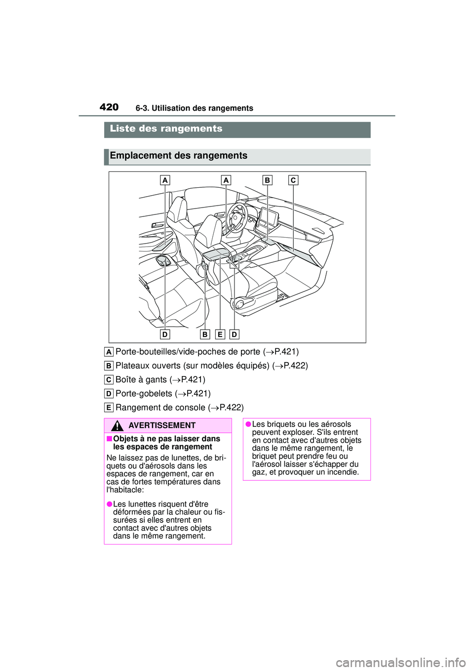 TOYOTA COROLLA HYBRID 2020  Manuel du propriétaire (in French) 4206-3. Utilisation des rangements
COROLLA HV_D
6-3 .Utilisatio n d es  ra ngements
Porte-bouteilles/vide-poches de porte (P.421)
Plateaux ouverts (sur modèles équipés) ( P.422)
Boîte à gan