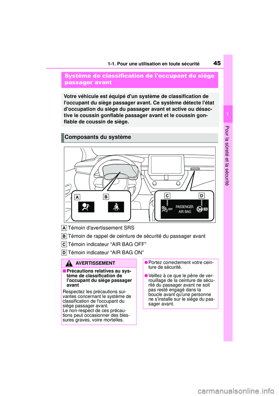 TOYOTA COROLLA HYBRID 2020 Manuel du propriétaire (in French) 451-1. Pour une utilisation en toute sécurité
COROLLA HV_D
1
Pour la sûreté et la sécurité
Témoin davertissement SRS
Témoin de rappel de ceinture de sécurité du passager avant
Témoin indic TOYOTA COROLLA HYBRID 2020 Manuel du propriétaire (in French) 451-1. Pour une utilisation en toute sécurité
COROLLA HV_D
1
Pour la sûreté et la sécurité
Témoin davertissement SRS
Témoin de rappel de ceinture de sécurité du passager avant
Témoin indic