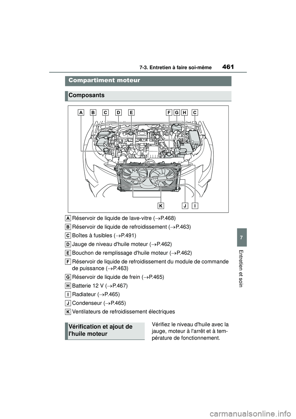 TOYOTA COROLLA HYBRID 2020  Manuel du propriétaire (in French) 4617-3. Entretien à faire soi-même
COROLLA HV_D
7
Entretien et soin
Réservoir de liquide de lave-vitre ( P.468)
Réservoir de liquide de refroidissement ( P.463)
Boîtes à fusibles ( P.49