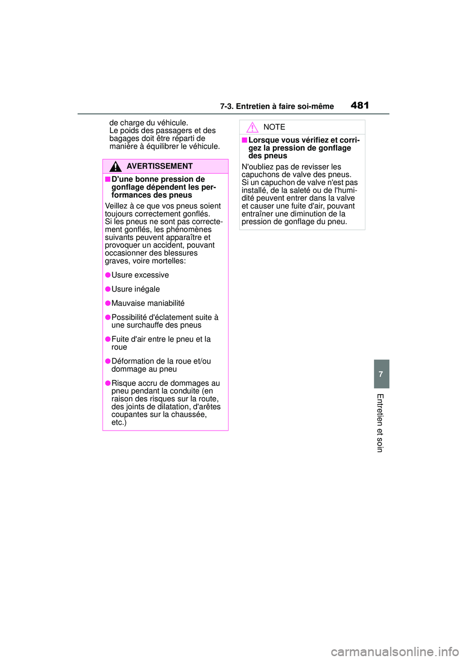 TOYOTA COROLLA HYBRID 2020 Manuel du propriétaire (in French) 4817-3. Entretien à faire soi-même
COROLLA HV_D
7
Entretien et soin
de charge du véhicule.
Le poids des passagers et des
bagages doit être réparti de
manière à équilibrer le véhicule.
AVERT TOYOTA COROLLA HYBRID 2020 Manuel du propriétaire (in French) 4817-3. Entretien à faire soi-même
COROLLA HV_D
7
Entretien et soin
de charge du véhicule.
Le poids des passagers et des
bagages doit être réparti de
manière à équilibrer le véhicule.
AVERT