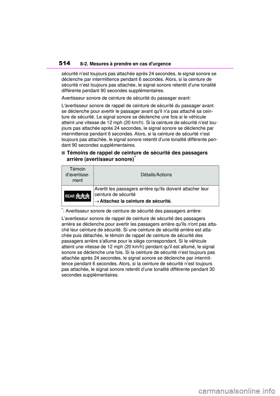 TOYOTA COROLLA HYBRID 2020 Manuel du propriétaire (in French) 5148-2. Mesures à prendre en cas durgence
COROLLA HV_Dsécurité n’est toujours pas attachée après 24 secondes, le signal sonore se
déclenche par intermittence pendant 6 secondes. Alors, si la TOYOTA COROLLA HYBRID 2020 Manuel du propriétaire (in French) 5148-2. Mesures à prendre en cas durgence
COROLLA HV_Dsécurité n’est toujours pas attachée après 24 secondes, le signal sonore se
déclenche par intermittence pendant 6 secondes. Alors, si la