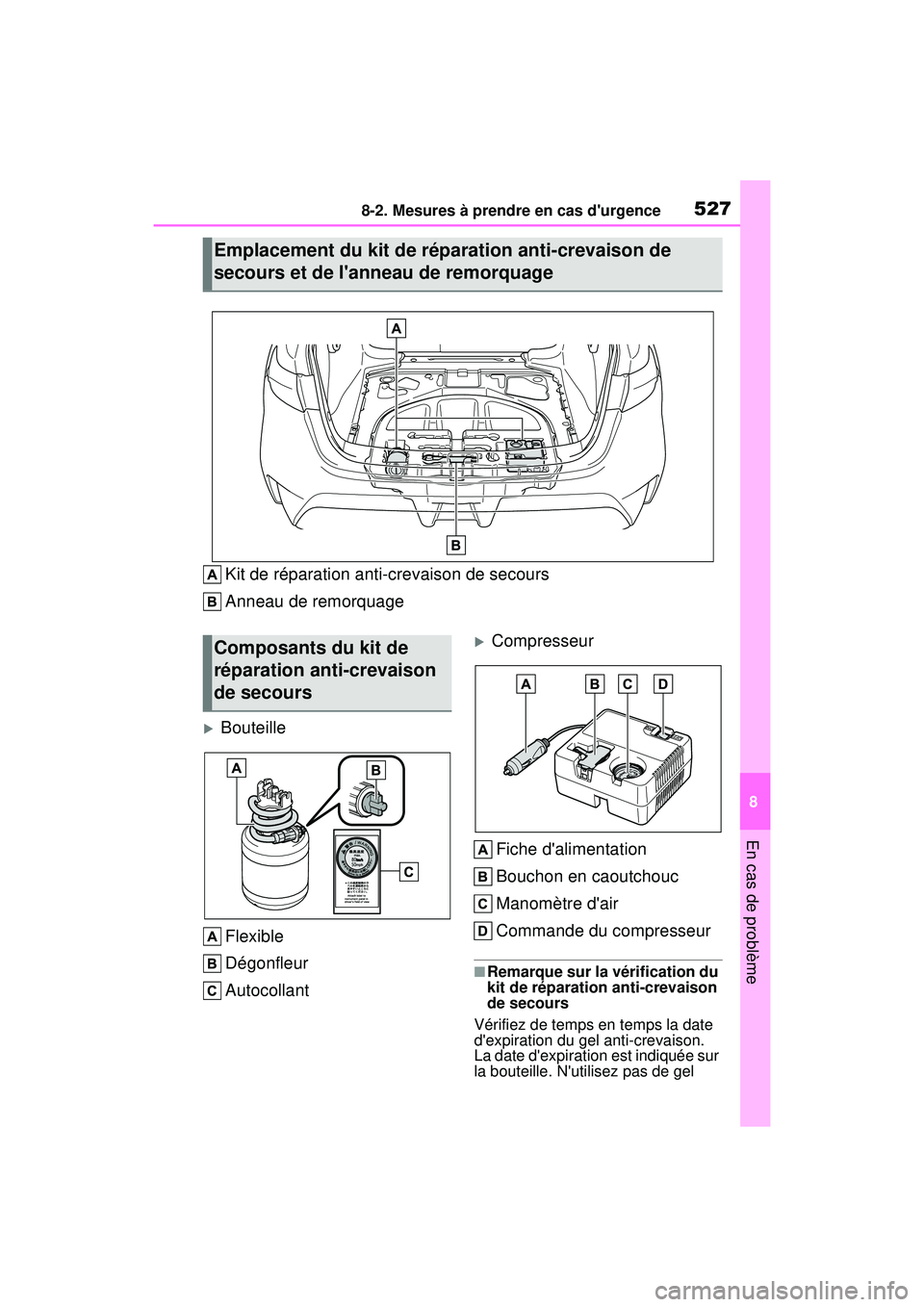 TOYOTA COROLLA HYBRID 2020  Manuel du propriétaire (in French) 5278-2. Mesures à prendre en cas durgence
COROLLA HV_D
8
En cas de problème
Kit de réparation anti-crevaison de secours
Anneau de remorquage
Bouteille Flexible
Dégonfleur
Autocollant
Compre