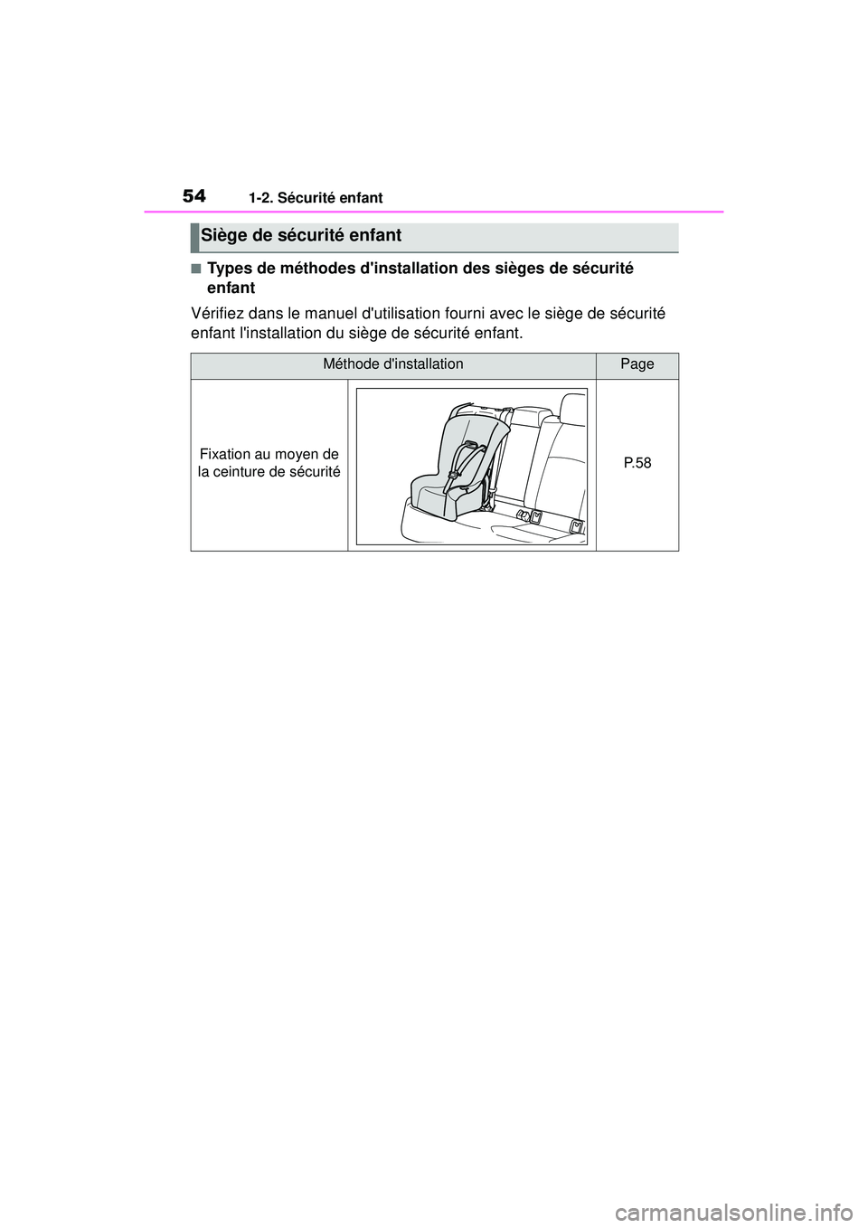 TOYOTA COROLLA HYBRID 2020  Manuel du propriétaire (in French) 541-2. Sécurité enfant
COROLLA HV_D
■Types de méthodes dinstallation des sièges de sécurité 
enfant
Vérifiez dans le manuel dutilisation fourni avec le siège de sécurité 
enfant linstal