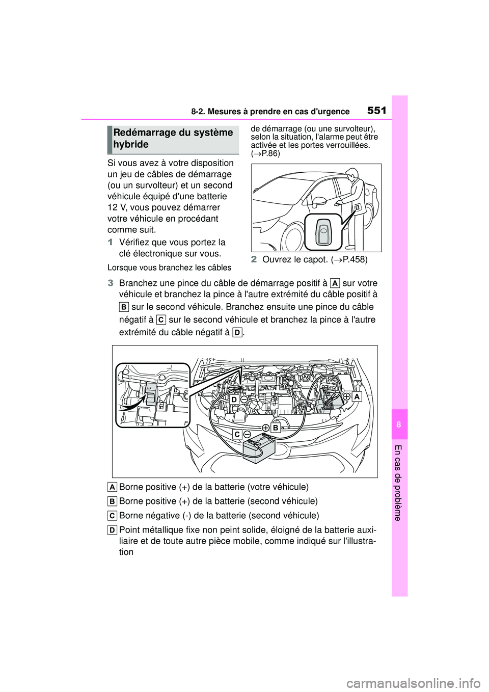 TOYOTA COROLLA HYBRID 2020 Manuel du propriétaire (in French) 5518-2. Mesures à prendre en cas durgence
COROLLA HV_D
8
En cas de problème
Si vous avez à votre disposition
un jeu de câbles de démarrage
(ou un survolteur) et un second
véhicule équipé d TOYOTA COROLLA HYBRID 2020 Manuel du propriétaire (in French) 5518-2. Mesures à prendre en cas durgence
COROLLA HV_D
8
En cas de problème
Si vous avez à votre disposition
un jeu de câbles de démarrage
(ou un survolteur) et un second
véhicule équipé d