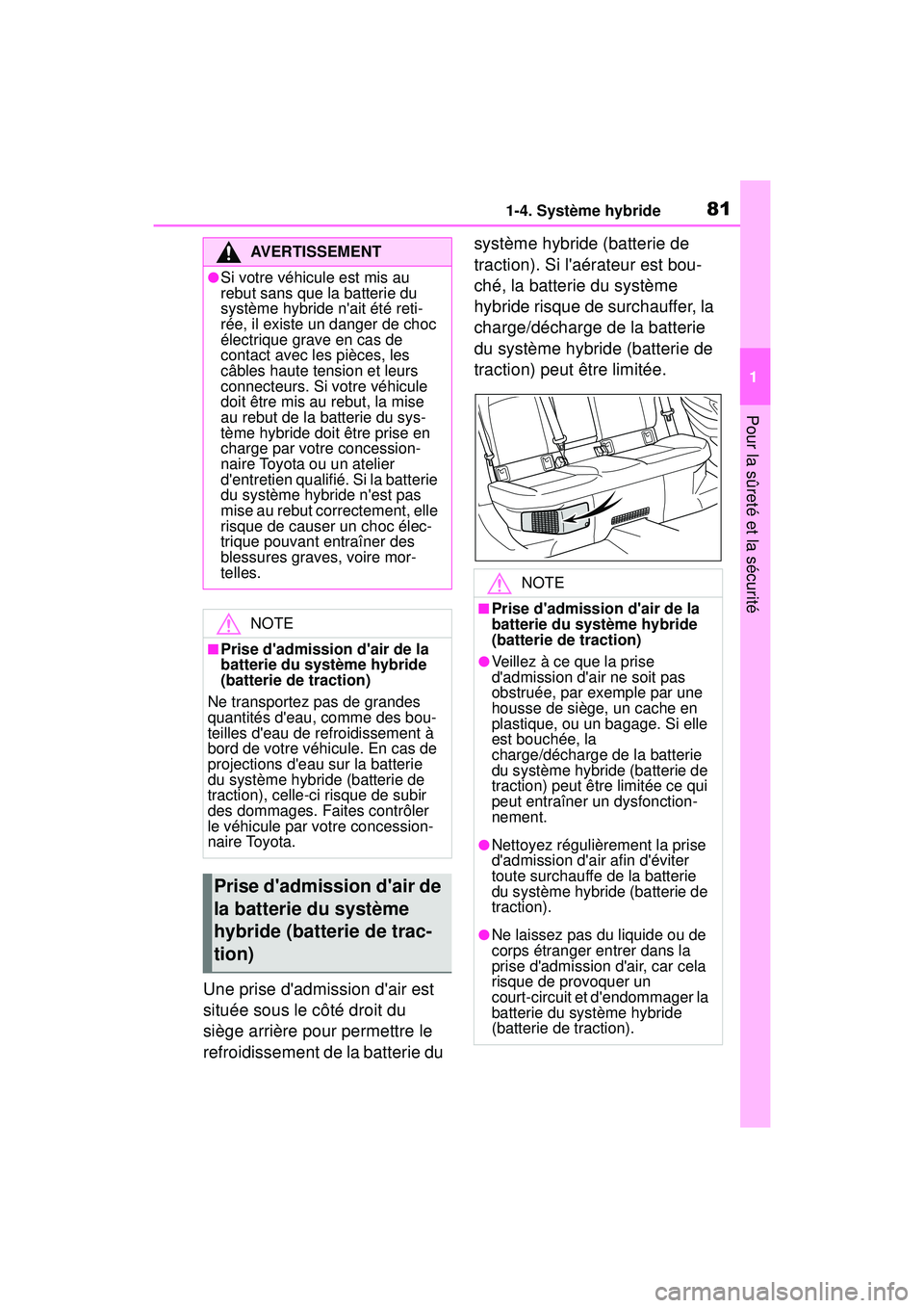 TOYOTA COROLLA HYBRID 2020 Manuel du propriétaire (in French) 811-4. Système hybride
COROLLA HV_D
1
Pour la sûreté et la sécurité
Une prise dadmission dair est
située sous le côté droit du
siège arrière pour permettre le
refroidissement de la batt TOYOTA COROLLA HYBRID 2020 Manuel du propriétaire (in French) 811-4. Système hybride
COROLLA HV_D
1
Pour la sûreté et la sécurité
Une prise dadmission dair est
située sous le côté droit du
siège arrière pour permettre le
refroidissement de la batt