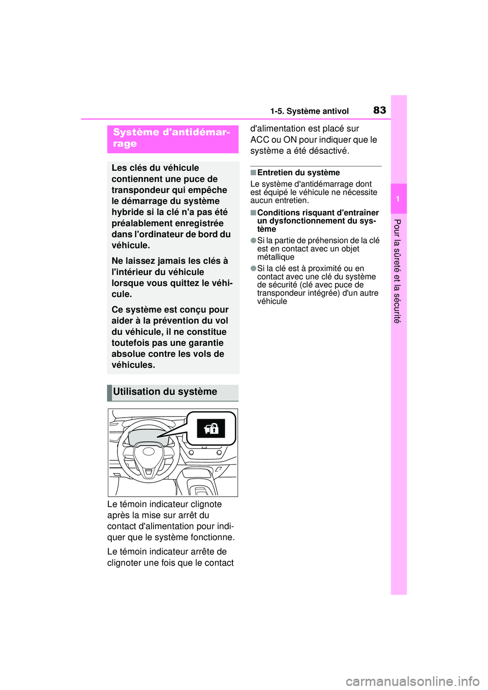 TOYOTA COROLLA HYBRID 2020 Manuel du propriétaire (in French) 831-5. Système antivol
COROLLA HV_D
1
Pour la sûreté et la sécurité
1-5 .Sy stè me a ntivo l
Le témoin indicateur clignote
après la mise sur arrêt du
contact dalimentation pour indi-
quer TOYOTA COROLLA HYBRID 2020 Manuel du propriétaire (in French) 831-5. Système antivol
COROLLA HV_D
1
Pour la sûreté et la sécurité
1-5 .Sy stè me a ntivo l
Le témoin indicateur clignote
après la mise sur arrêt du
contact dalimentation pour indi-
quer
