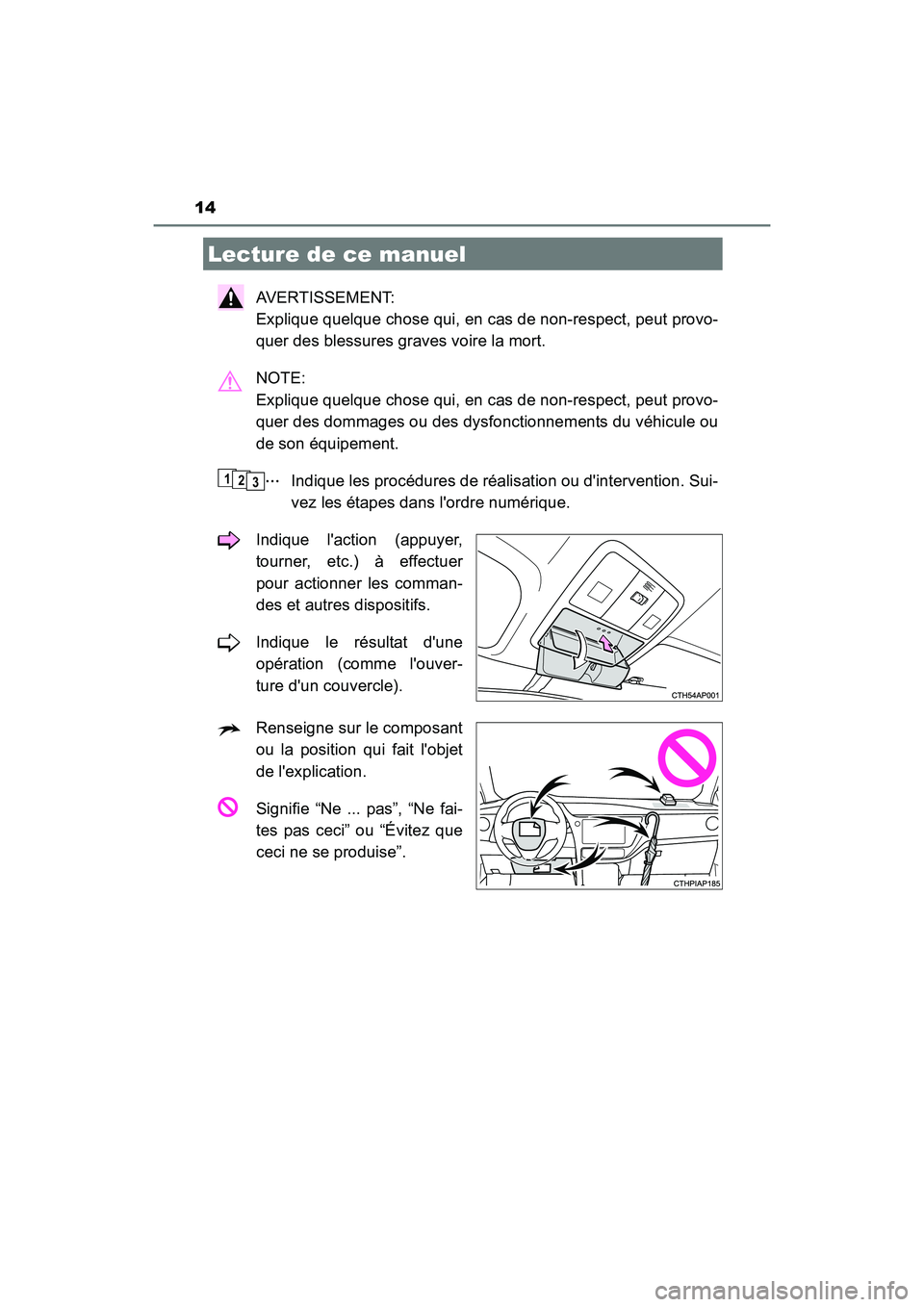 TOYOTA COROLLA IM 2018  Manuel du propriétaire (in French) 14
COROLLA iM_D (OM12M42D)
AVERTISSEMENT: 
Explique quelque chose qui, en cas de non-respect, peut provo-
quer des blessures graves voire la mort.
NOTE: 
Explique quelque chose qui, en cas de non-resp