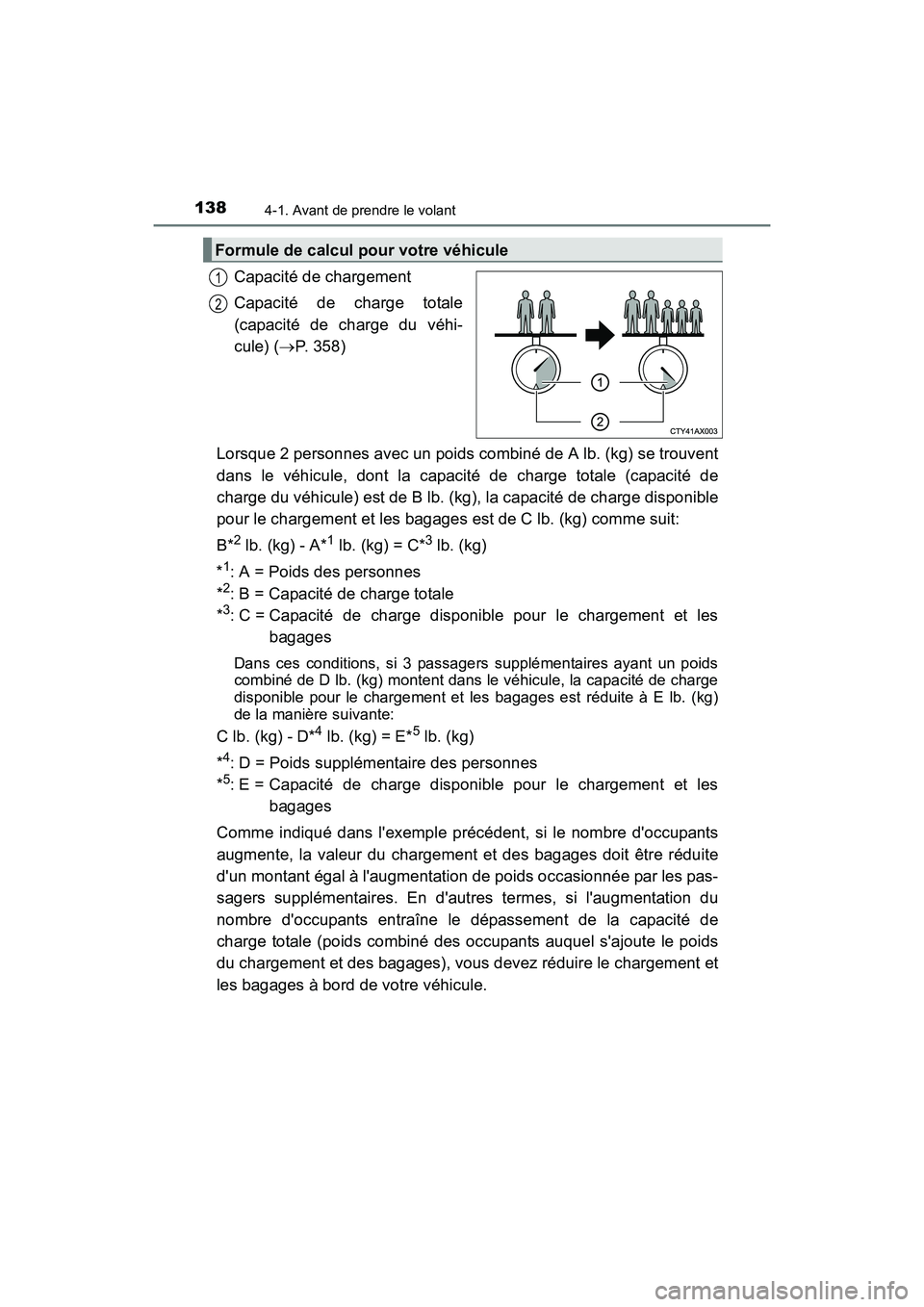 TOYOTA COROLLA IM 2017 Manuel du propriétaire (in French) 1384-1. Avant de prendre le volant
COROLLA iM_D (OM12K64D)
Capacité de chargement
Capacité de charge totale
(capacité de charge du véhi-
cule) (→P. 358)
Lorsque 2 personnes avec un poids combin TOYOTA COROLLA IM 2017 Manuel du propriétaire (in French) 1384-1. Avant de prendre le volant
COROLLA iM_D (OM12K64D)
Capacité de chargement
Capacité de charge totale
(capacité de charge du véhi-
cule) (→P. 358)
Lorsque 2 personnes avec un poids combin