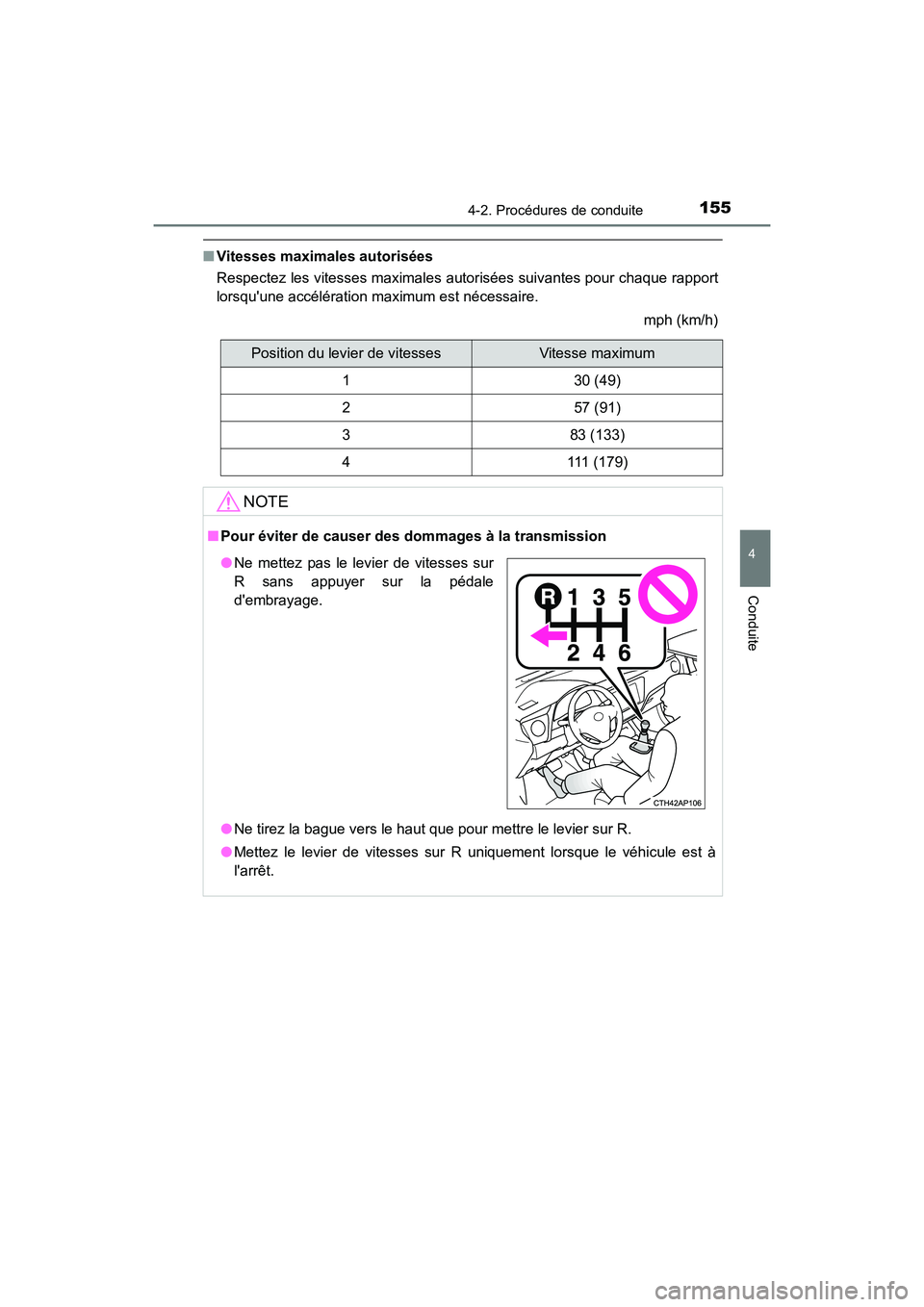 TOYOTA COROLLA IM 2017  Manuel du propriétaire (in French) 1554-2. Procédures de conduite
4
Conduite
COROLLA iM_D (OM12K64D)
■Vitesses maximales autorisées
Respectez les vitesses maximales autorisées suivantes pour chaque rapport
lorsquune accélératio