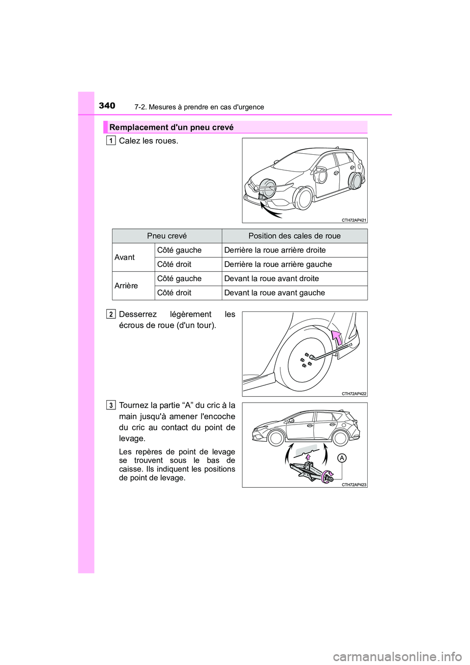 TOYOTA COROLLA IM 2017  Manuel du propriétaire (in French) 3407-2. Mesures à prendre en cas durgence
COROLLA iM_D (OM12K64D)
Calez les roues.
Desserrez légèrement les
écrous de roue (dun tour).
Tournez la partie “A” du cric à la
main jusquà amene