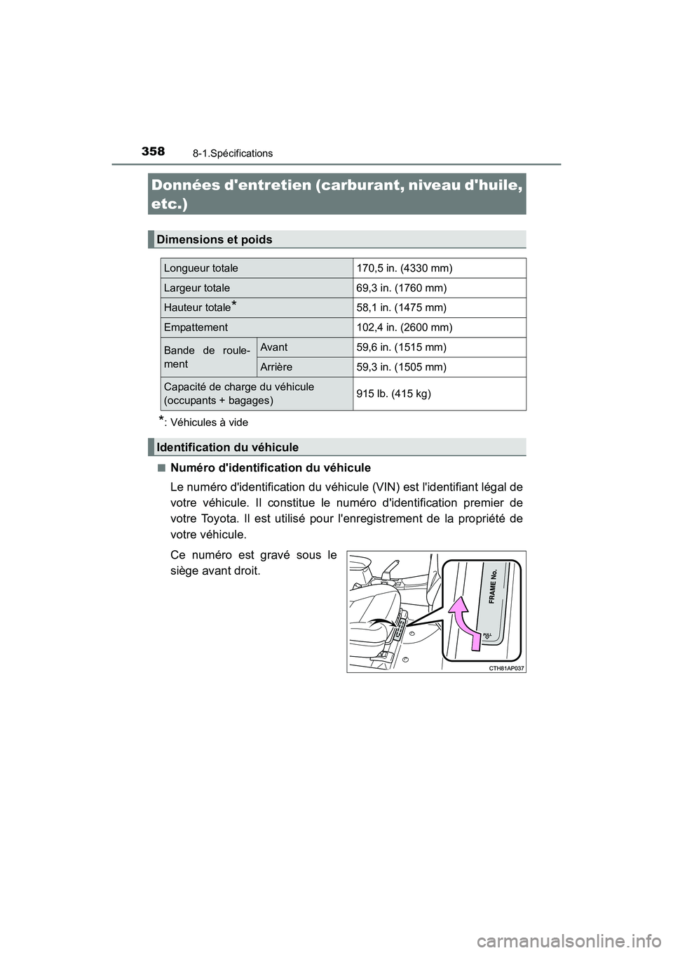 TOYOTA COROLLA IM 2017  Manuel du propriétaire (in French) 358
COROLLA iM_D (OM12K64D)
8-1.Spécifications
*: Véhicules à vide
■
Numéro didentification du véhicule
Le numéro didentification du véhicule (VIN) est lidentifiant légal de
votre véhicu