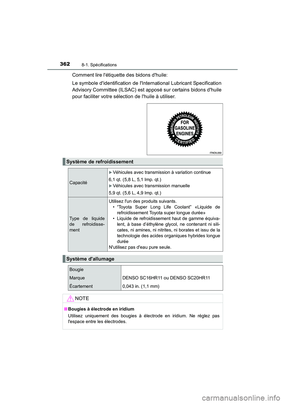 TOYOTA COROLLA IM 2017  Manuel du propriétaire (in French) 3628-1. Spécifications
COROLLA iM_D (OM12K64D)
Comment lire létiquette des bidons dhuile:
Le symbole didentification de lInternational Lubricant Specification
Advisory Committee (ILSAC) est appo