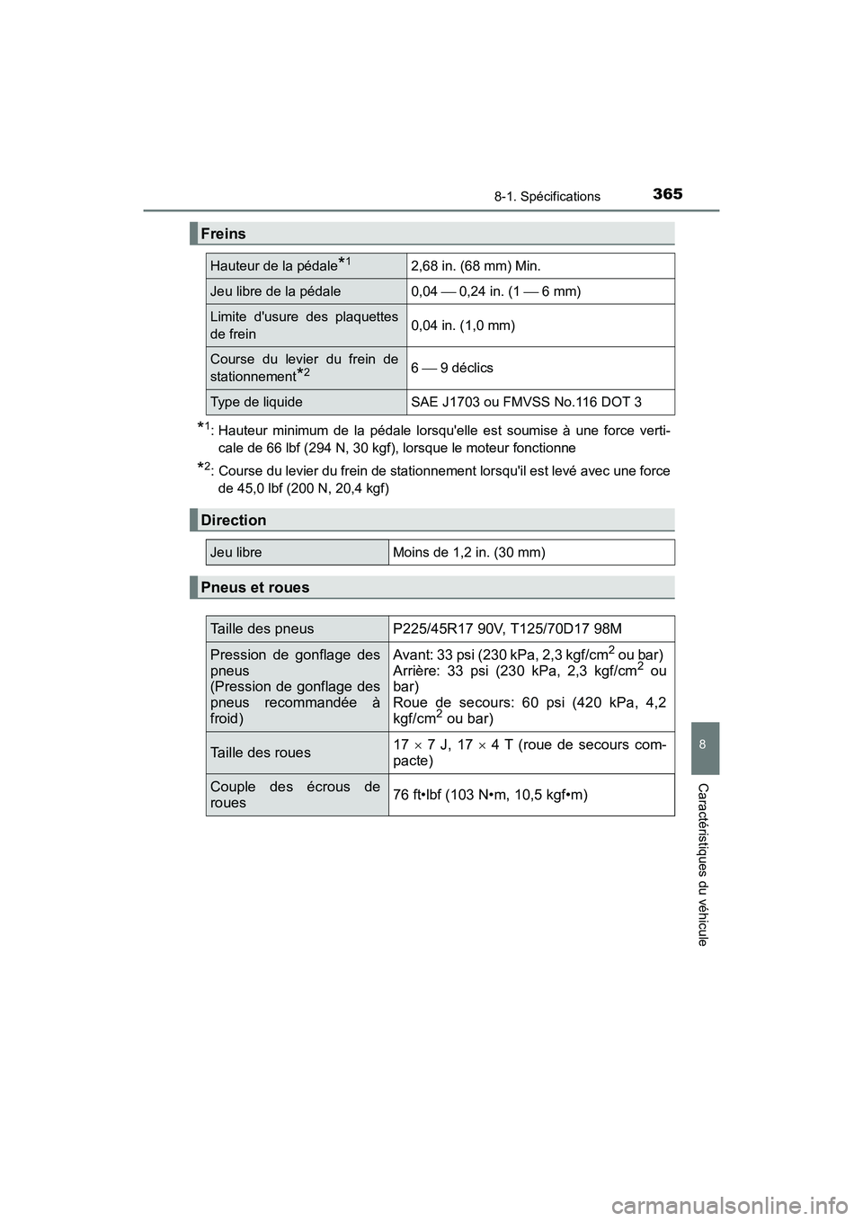 TOYOTA COROLLA IM 2017  Manuel du propriétaire (in French) 3658-1. Spécifications
8
Caractéristiques du véhicule
COROLLA iM_D (OM12K64D)
*1: Hauteur minimum de la pédale lorsquelle est soumise à une force verti-cale de 66 lbf (294 N, 30 kgf), lorsque le
