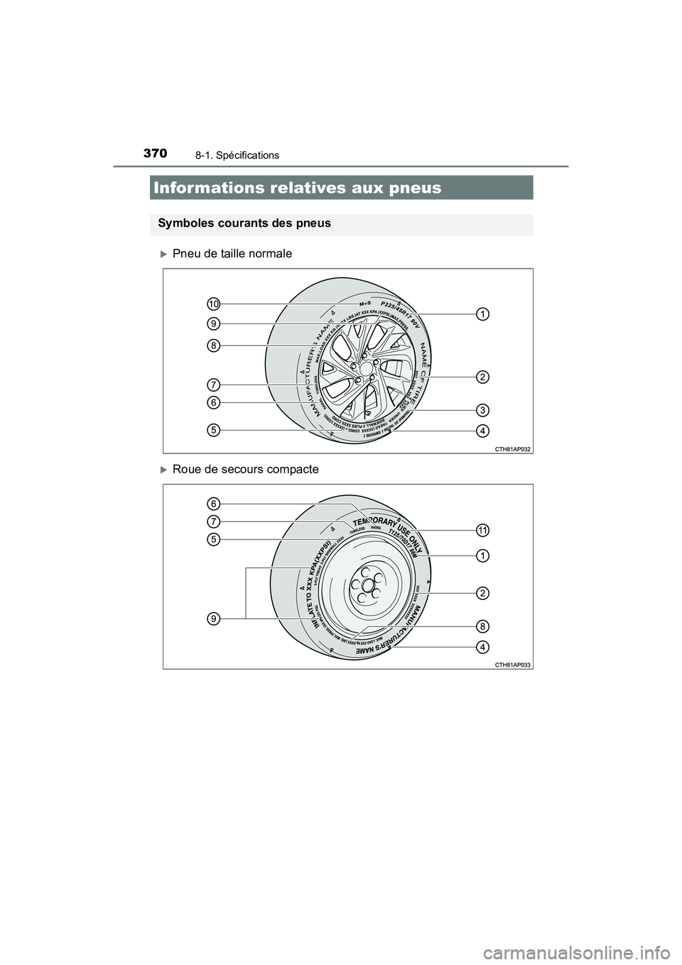 TOYOTA COROLLA IM 2017  Manuel du propriétaire (in French) 3708-1. Spécifications
COROLLA iM_D (OM12K64D)
�XPneu de taille normale
�XRoue de secours compacte
Informations relatives aux pneus
Symboles courants des pneus 