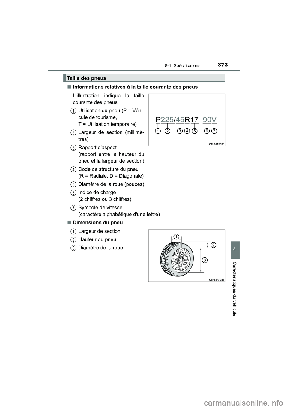 TOYOTA COROLLA IM 2017  Manuel du propriétaire (in French) 3738-1. Spécifications
8
Caractéristiques du véhicule
COROLLA iM_D (OM12K64D)■
Informations relatives à la taille courante des pneus
Lillustration indique la taille
courante des pneus.
Utilisat
