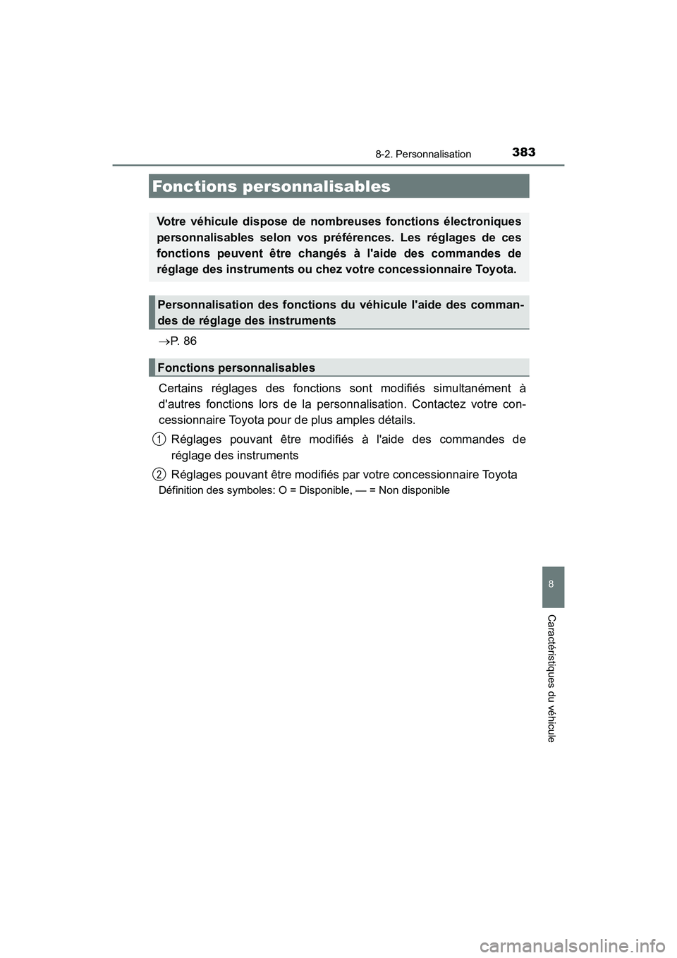 TOYOTA COROLLA IM 2017  Manuel du propriétaire (in French) 383
8
Caractéristiques du véhicule
COROLLA iM_D (OM12K64D)
8-2. Personnalisation
→P.  8 6
Certains réglages des fonctions sont modifiés simultanément à
dautres fonctions lors de la personnali