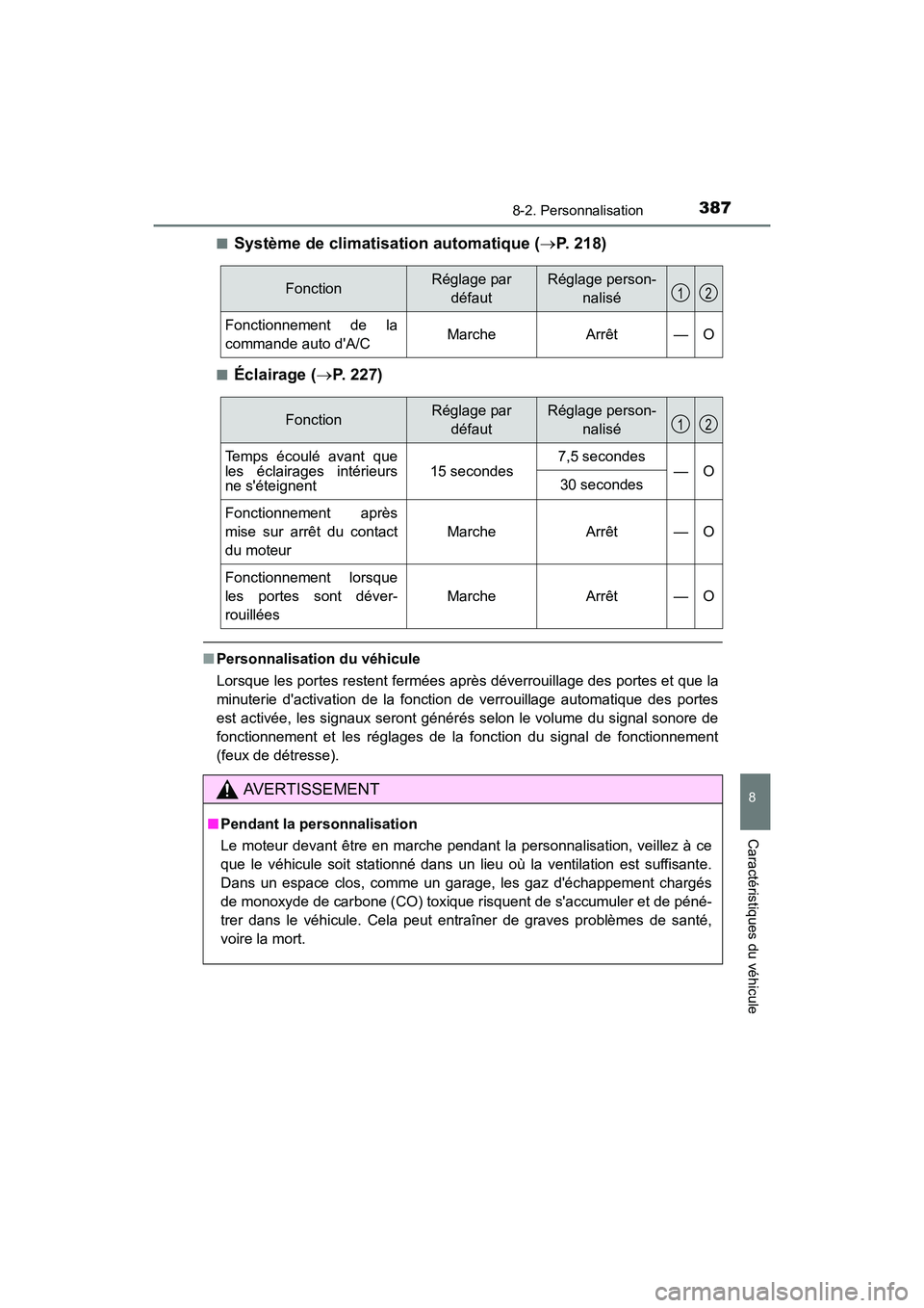 TOYOTA COROLLA IM 2017  Manuel du propriétaire (in French) 3878-2. Personnalisation
8
Caractéristiques du véhicule
COROLLA iM_D (OM12K64D)■
Système de climatisation automatique (
→P. 218)
■Éclairage ( →P. 227)
■Personnalisation du véhicule
Lors