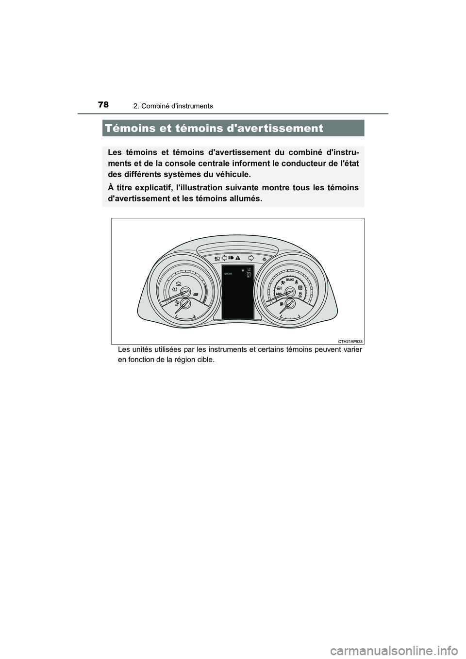 TOYOTA COROLLA IM 2017  Manuel du propriétaire (in French) 78
COROLLA iM_D (OM12K64D)
2. Combiné dinstruments
Les unités utilisées par les instruments et certains témoins peuvent varier
en fonction de la région cible.
Témoins et témoins daver tisseme