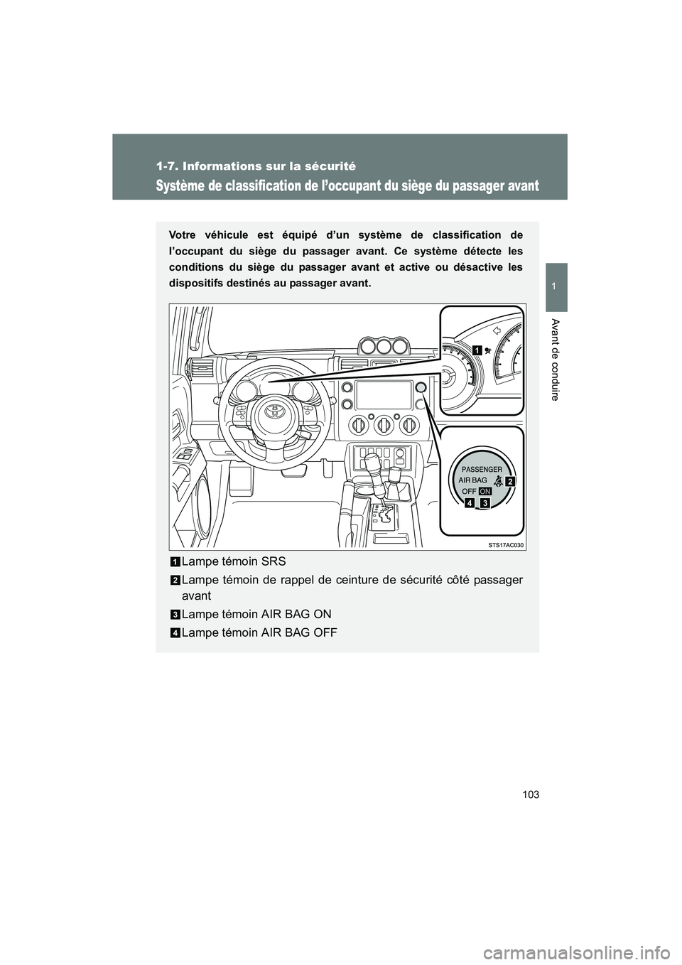 TOYOTA FJ CRUISER 2013  Manuel du propriétaire (in French) 103
1
1-7. Informations sur la sécurité
Avant de conduire
FJ CRUISER_D_(35A71D)
Système de classification de l’occupant du siège du passager avant
Votre véhicule est équipé d’un système de
