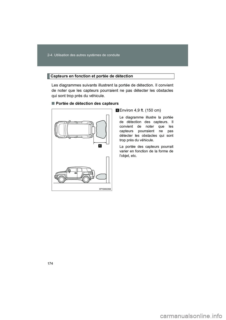 TOYOTA FJ CRUISER 2013  Manuel du propriétaire (in French) 174 2-4. Utilisation des autres systèmes de conduite
FJ CRUISER_D_(35A71D)
Capteurs en fonction et portée de détectionLes diagrammes suivants illustrent la portée de détection. Il convient
de not