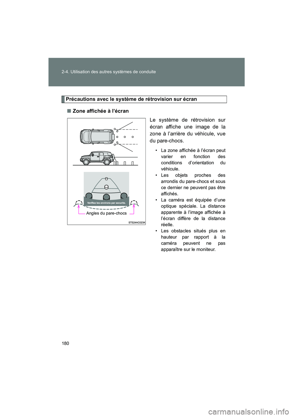 TOYOTA FJ CRUISER 2013  Manuel du propriétaire (in French) 180 2-4. Utilisation des autres systèmes de conduite
FJ CRUISER_D_(35A71D)
Précautions avec le système de rétrovision sur écran■ Zone affichée à l’écran
Le système de rétrovision sur
éc