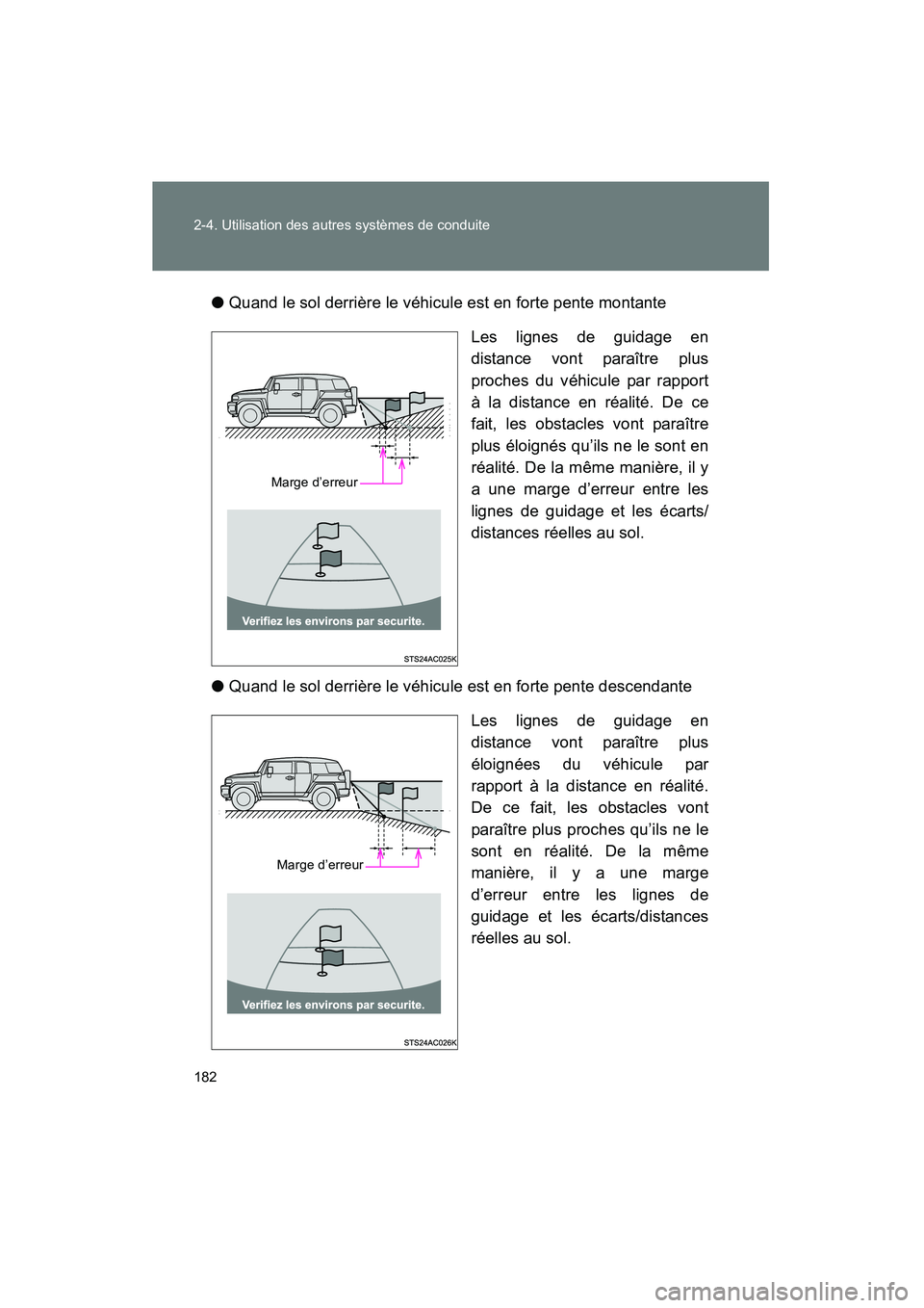 TOYOTA FJ CRUISER 2013  Manuel du propriétaire (in French) 182 2-4. Utilisation des autres systèmes de conduite
FJ CRUISER_D_(35A71D)●
Quand le sol derrière le véhicule est en forte pente montante
Les lignes de guidage en
distance vont paraître plus
pro