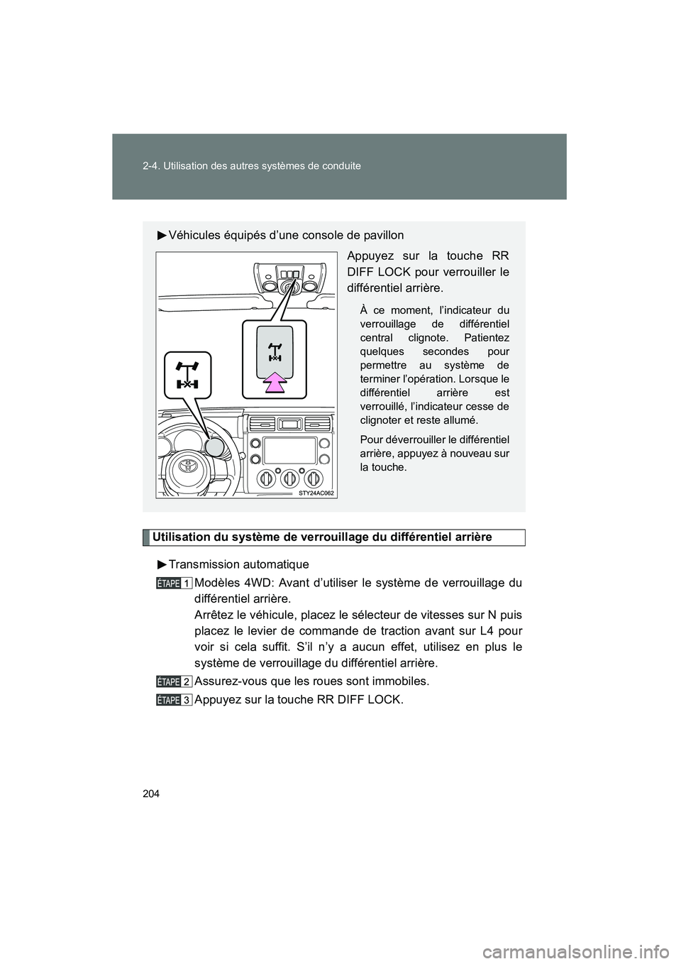 TOYOTA FJ CRUISER 2013  Manuel du propriétaire (in French) 204 2-4. Utilisation des autres systèmes de conduite
FJ CRUISER_D_(35A71D)
Utilisation du système de verrouillage du différentiel arrièreTransmission automatique Modèles 4WD: Avant d’utiliser l