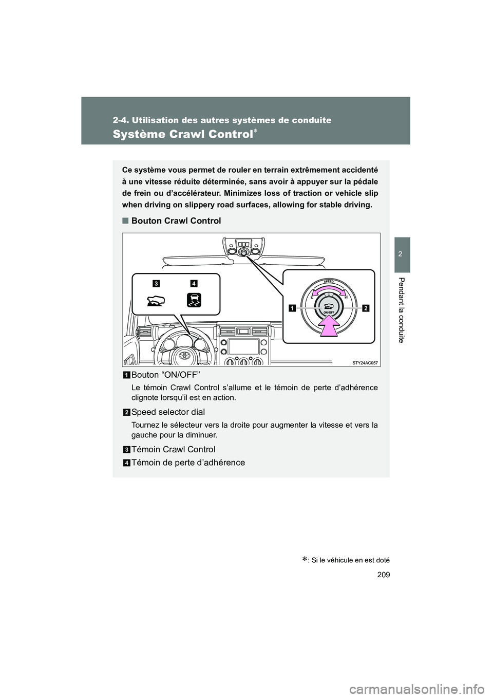 TOYOTA FJ CRUISER 2013  Manuel du propriétaire (in French) 209
2-4. Utilisation des autres systèmes de conduite
2
Pendant la conduite
FJ CRUISER_D_(35A71D)
Système Crawl Control∗
∗: Si le véhicule en est doté
Ce système vous permet de rouler en terra