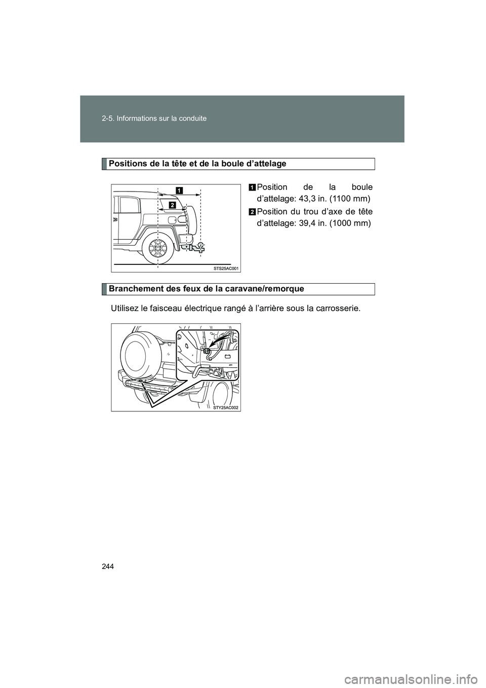 TOYOTA FJ CRUISER 2013  Manuel du propriétaire (in French) 244 2-5. Informations sur la conduite
FJ CRUISER_D_(35A71D)
Positions de la tête et de la boule d’attelagePosition de la boule
d’attelage: 43,3 in. (1100 mm)
Position du trou d’axe de tête
d
