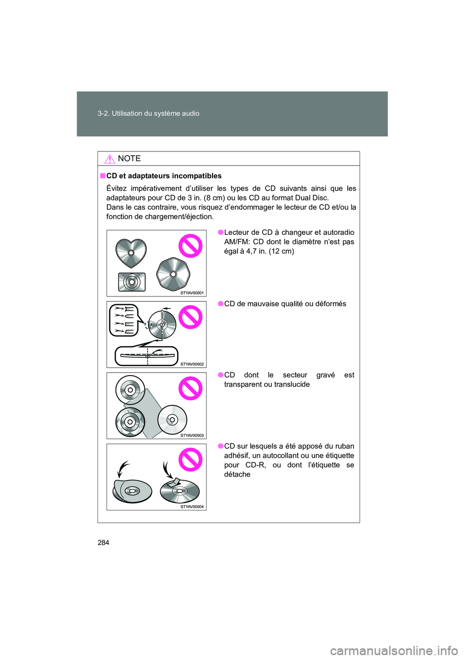 TOYOTA FJ CRUISER 2013  Manuel du propriétaire (in French) 284 3-2. Utilisation du système audio
FJ CRUISER_D_(35A71D)
NOTE
■CD et adaptateurs incompatibles
Évitez impérativement d’utiliser les types de CD suivants ainsi que les
adaptateurs pour CD de 