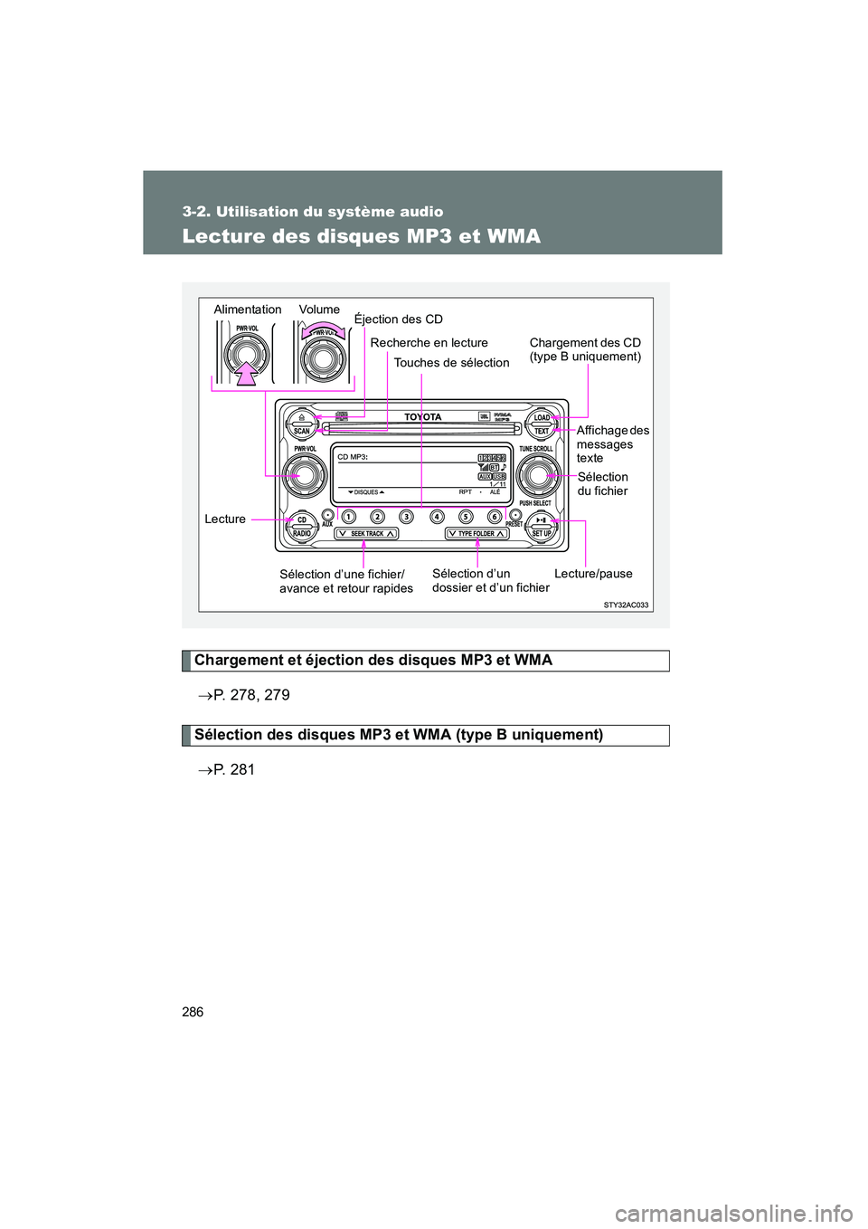 TOYOTA FJ CRUISER 2013  Manuel du propriétaire (in French) 286
3-2. Utilisation du système audio
FJ CRUISER_D_(35A71D)
Lecture des disques MP3 et WMA
Chargement et éjection des disques MP3 et WMA→ P. 278, 279
Sélection des disques MP3 et WMA (type B uniq