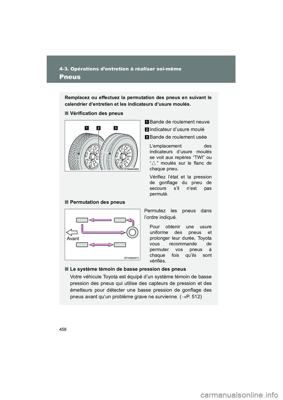 TOYOTA FJ CRUISER 2013 Manuel du propriétaire (in French) 458
4-3. Opérations d’entretien à réaliser soi-même
FJ CRUISER_D_(35A71D)
Pneus
Remplacez ou effectuez la permutation des pneus en suivant le
calendrier d’entretien et les indicateurs d’usur TOYOTA FJ CRUISER 2013 Manuel du propriétaire (in French) 458
4-3. Opérations d’entretien à réaliser soi-même
FJ CRUISER_D_(35A71D)
Pneus
Remplacez ou effectuez la permutation des pneus en suivant le
calendrier d’entretien et les indicateurs d’usur