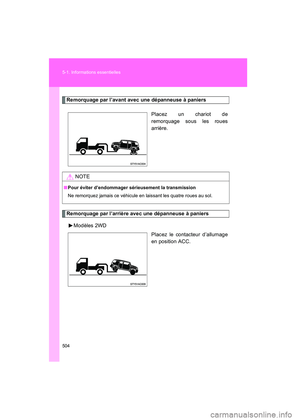 TOYOTA FJ CRUISER 2013  Manuel du propriétaire (in French) 504 5-1. Informations essentielles
FJ CRUISER_D_(35A71D)
Remorquage par l’avant avec une dépanneuse à paniersPlacez un chariot de
remorquage sous les roues
arrière.
Remorquage par l’arrière av