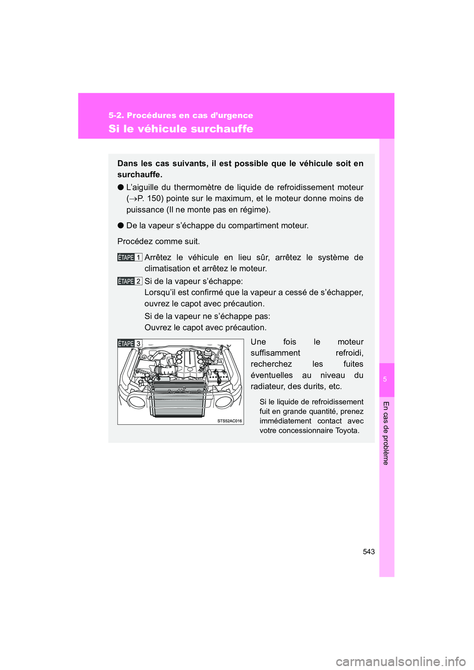 TOYOTA FJ CRUISER 2013  Manuel du propriétaire (in French) 5
En cas de problème
543
5-2. Procédures en cas d’urgence
FJ CRUISER_D_(35A71D)
Si le véhicule surchauffe
Dans les cas suivants, il est possible que le véhicule soit en
surchauffe.
●L’aiguil