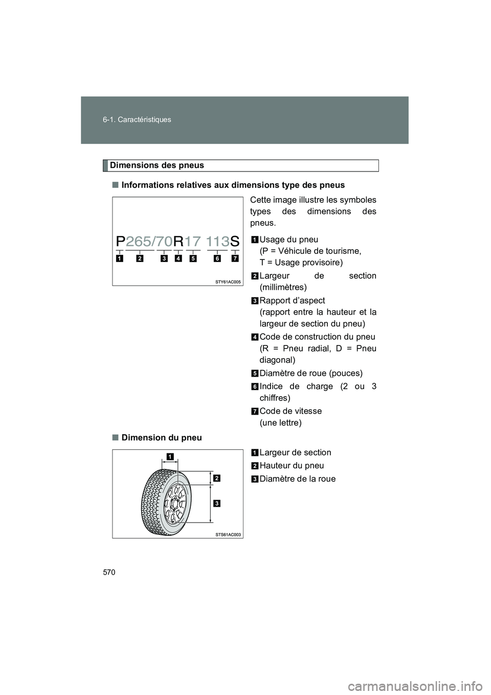 TOYOTA FJ CRUISER 2013  Manuel du propriétaire (in French) 570 6-1. Caractéristiques
FJ CRUISER_D_(35A71D)
Dimensions des pneus■ Informations relatives aux dimensions type des pneus
Cette image illustre les symboles
types des dimensions des
pneus.
Usage du