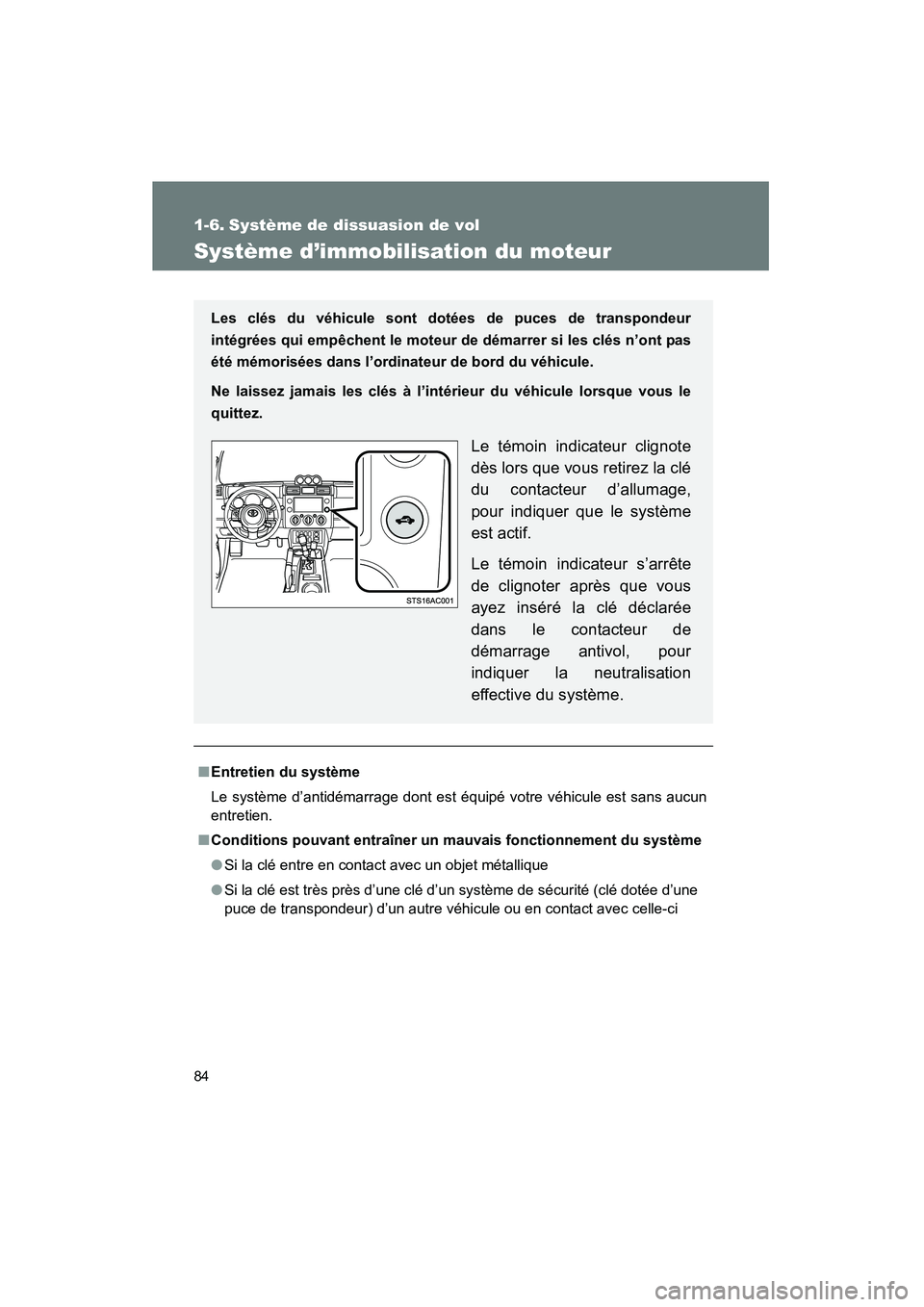 TOYOTA FJ CRUISER 2013 Manuel du propriétaire (in French) 84
FJ CRUISER_D_(35A71D)
1-6. Système de dissuasion de vol
Système d’immobilisation du moteur
■Entretien du système
Le système d’antidémarrage dont est équipé votre véhicule est sans auc TOYOTA FJ CRUISER 2013 Manuel du propriétaire (in French) 84
FJ CRUISER_D_(35A71D)
1-6. Système de dissuasion de vol
Système d’immobilisation du moteur
■Entretien du système
Le système d’antidémarrage dont est équipé votre véhicule est sans auc