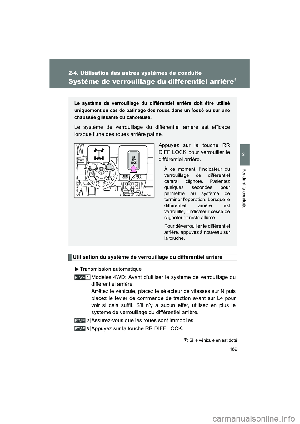 TOYOTA FJ CRUISER 2012 Manuel du propriétaire (in French) 189
2-4. Utilisation des autres systèmes de conduite
2
Pendant la conduite
FJ CRUISER_D_(35A60D)
Système de verrouillage du différentiel arrière∗
Utilisation du système de verrouillage du diff TOYOTA FJ CRUISER 2012 Manuel du propriétaire (in French) 189
2-4. Utilisation des autres systèmes de conduite
2
Pendant la conduite
FJ CRUISER_D_(35A60D)
Système de verrouillage du différentiel arrière∗
Utilisation du système de verrouillage du diff