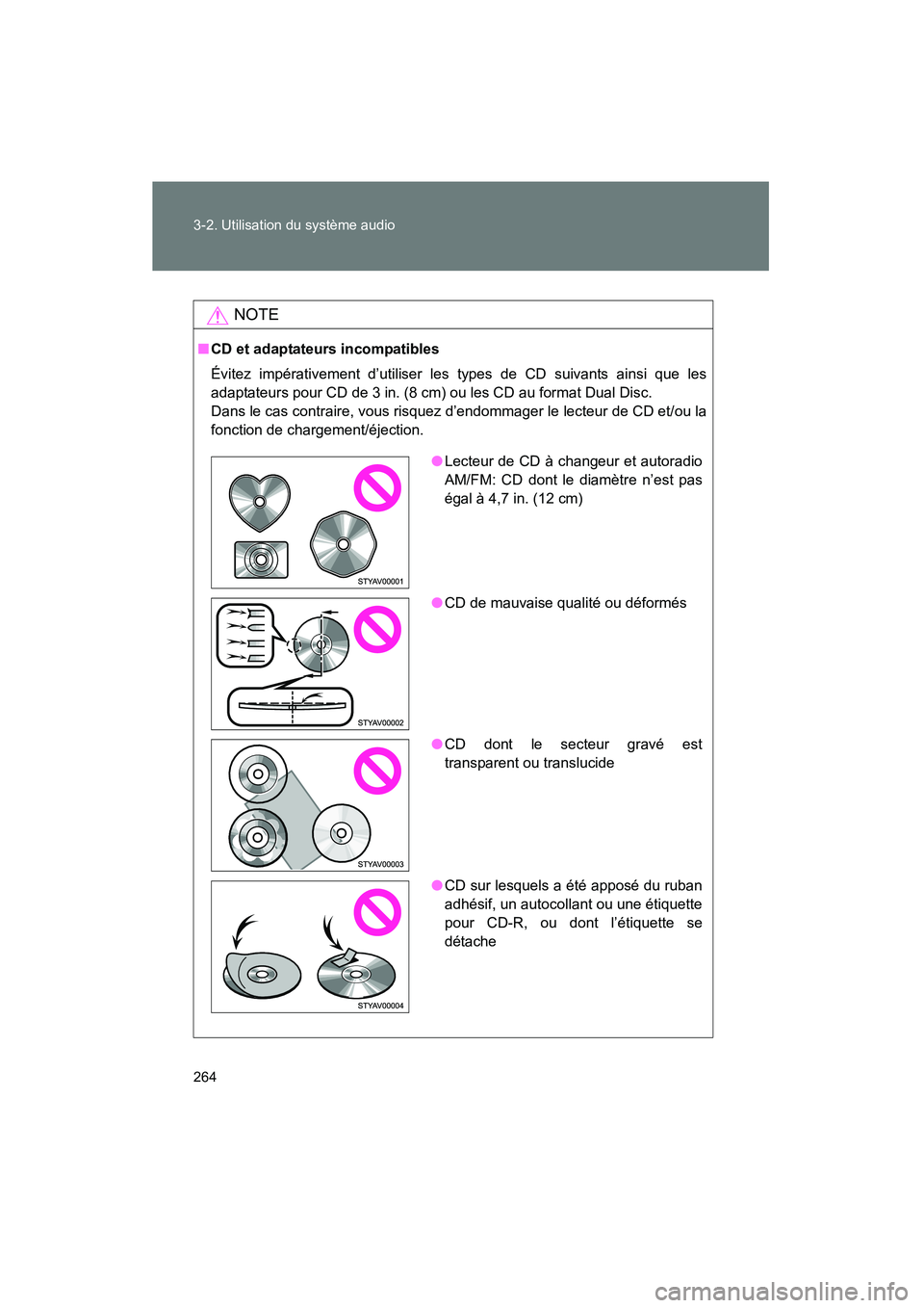 TOYOTA FJ CRUISER 2012  Manuel du propriétaire (in French) 264 3-2. Utilisation du système audio
FJ CRUISER_D_(35A60D)
NOTE
■CD et adaptateurs incompatibles
Évitez impérativement d’utiliser les types de CD suivants ainsi que les
adaptateurs pour CD de 