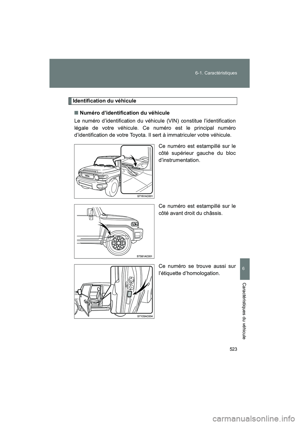 TOYOTA FJ CRUISER 2012  Manuel du propriétaire (in French) 523
6-1. Caractéristiques
6
Caractéristiques du véhicule
FJ CRUISER_D_(35A60D)
Identification du véhicule
■ Numéro d’identification du véhicule
Le numéro d’identification du véhicule (VI