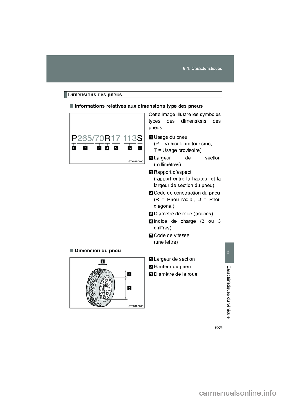 TOYOTA FJ CRUISER 2012  Manuel du propriétaire (in French) 539
6-1. Caractéristiques
6
Caractéristiques du véhicule
FJ CRUISER_D_(35A60D)
Dimensions des pneus
■ Informations relatives aux dimensions type des pneus
Cette image illustre les symboles
types 