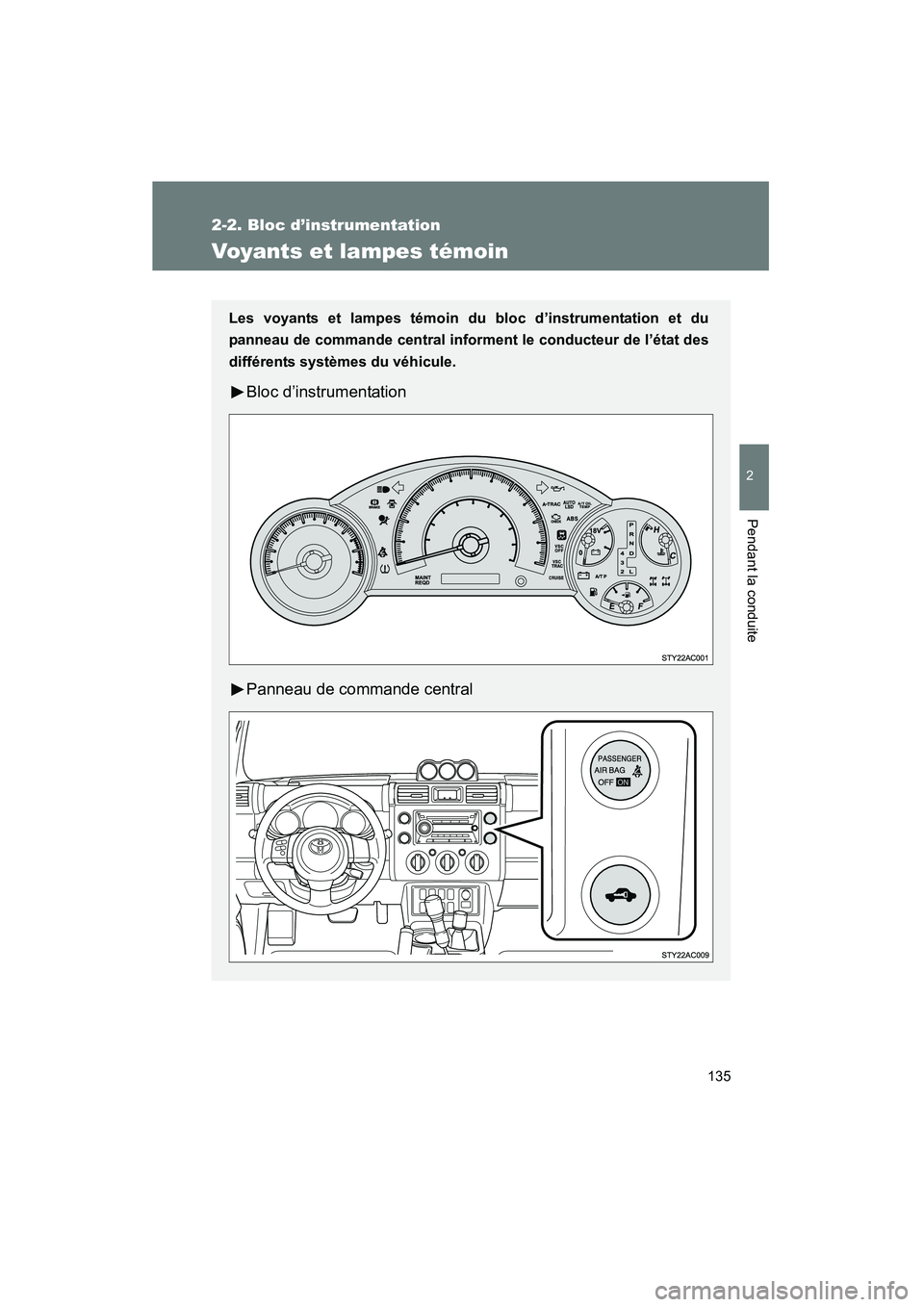 TOYOTA FJ CRUISER 2008  Manuel du propriétaire (in French) 135
2-2. Bloc d’instrumentation
2
Pendant la conduite
FJ CRUISER_D_(L/O_0708)
Voyants et lampes témoin
Les voyants et lampes témoin du bloc d’instrumentation et du
panneau de commande central in